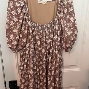 Together Floral Babydoll Dress M Brown Knee Length Balloon Sleeve Tie-Back Women
